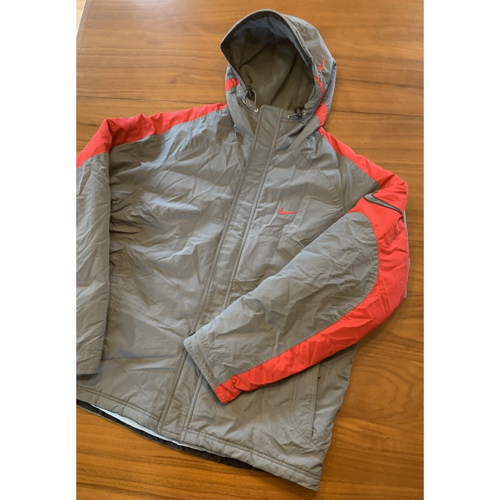 Vintage Nike Puffer Jacket Mens L Gray Red Swoosh Logo Insulated Hooded 90s Y2K